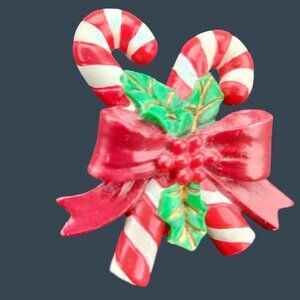 Christmas Candy Cane Pin Brooch Holly Bow Vintage Holiday Jewelry